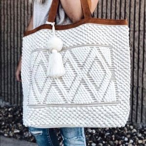 Large Cream Woven Tote With Pom Pom Accents